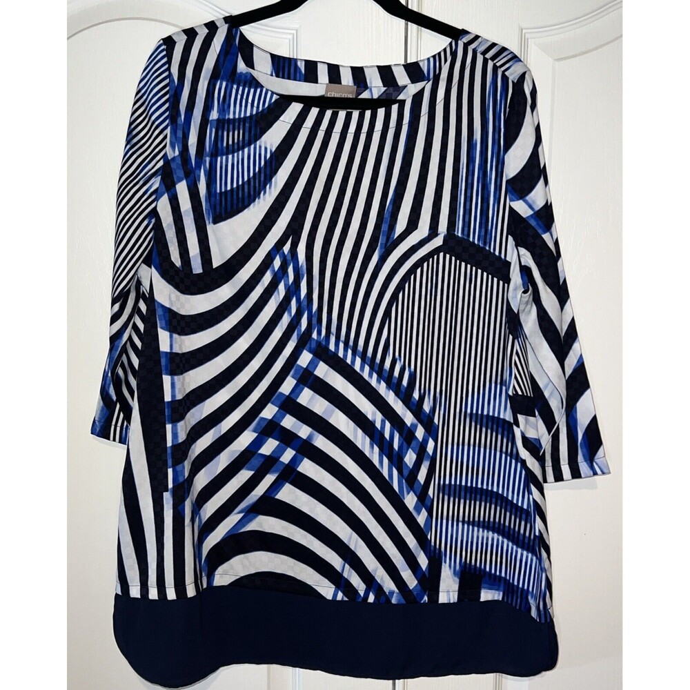 Chicos Womens Top Size 2 (Large) Stripe Multicolor 3/4 Sleeve Casual Work Light